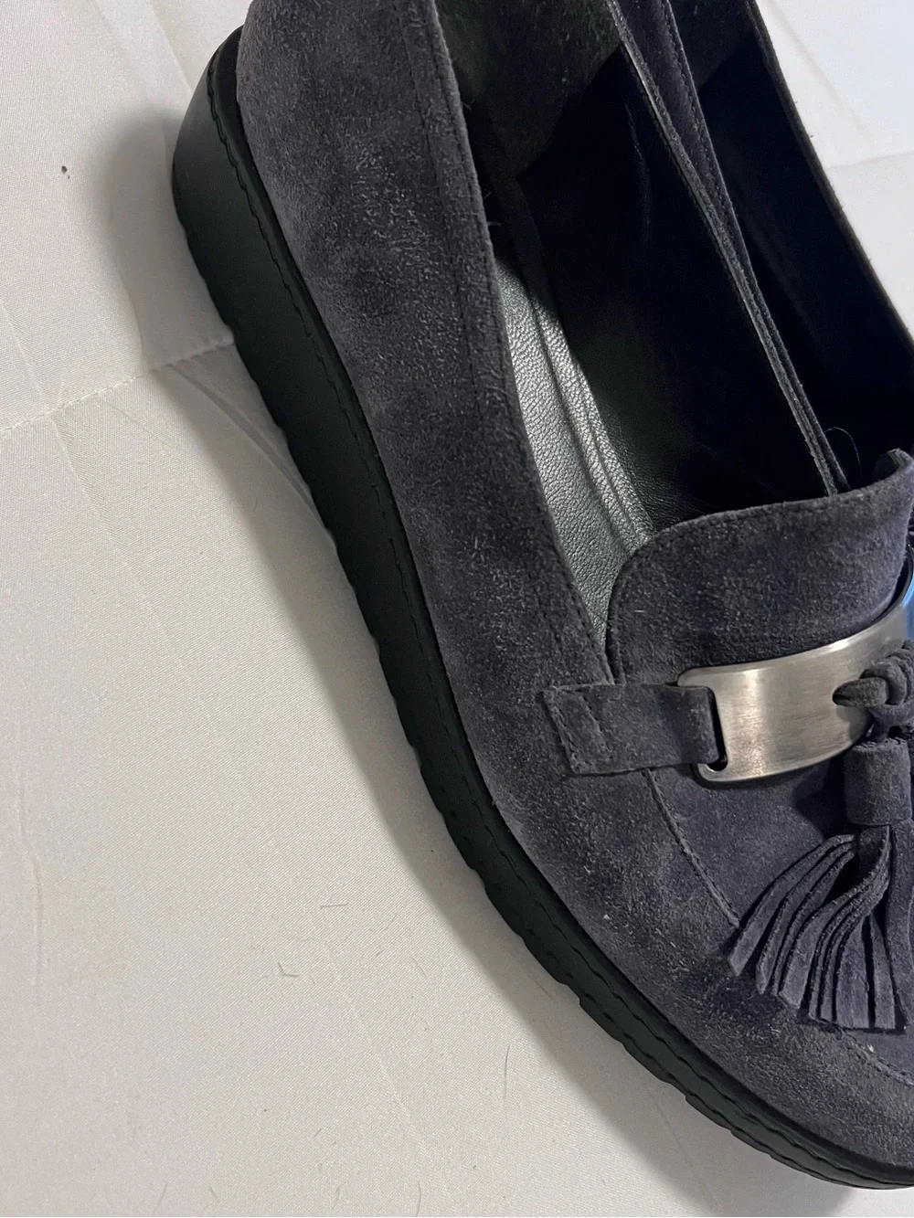 Stuart Weitzman Grey Suede Tassel Loafers